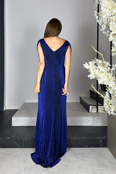 G1444 Taş Detaylı Simli Maksi Abiye Elbise Lacivert