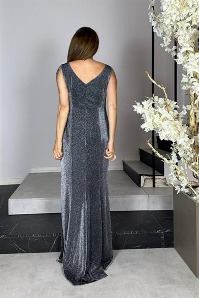 G1444 Taş Detaylı Simli Maksi Abiye Elbise Antrasit