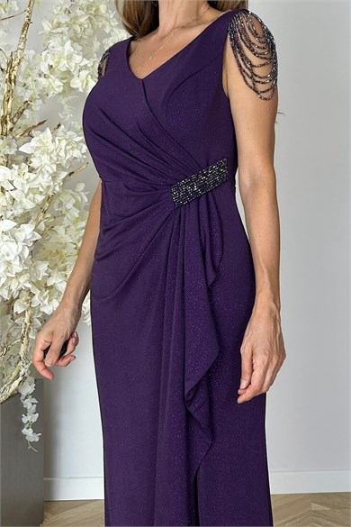 G1444 Taş Detaylı Simli Maksi Abiye Elbise Mor