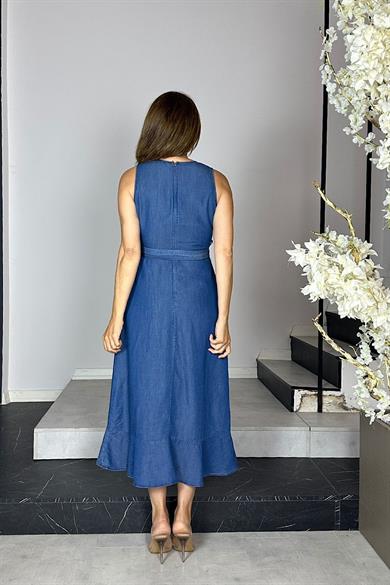 G1447 Kruvaze Yaka Volan Detaylı Jean Elbise Mavi