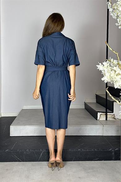 G1449 Kruvaze Yaka Kuşaklı Elbise Lacivert