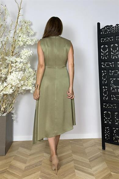 G1454 Kruvaze Yaka Düğme Detaylı Saten Elbise Haki