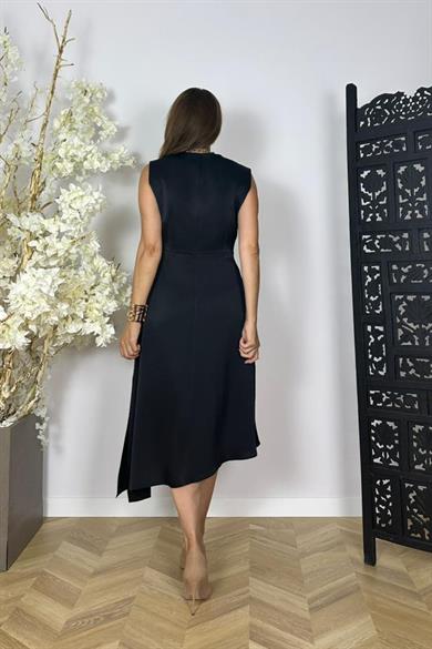 G1454 Kruvaze Yaka Düğme Detaylı Saten Elbise Siyah