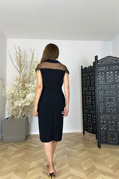 G1456 Kruvaze Yaka Boncuk Detaylı Elbise Siyah