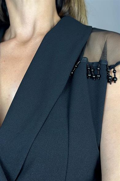 G1456 Kruvaze Yaka Boncuk Detaylı Elbise Siyah