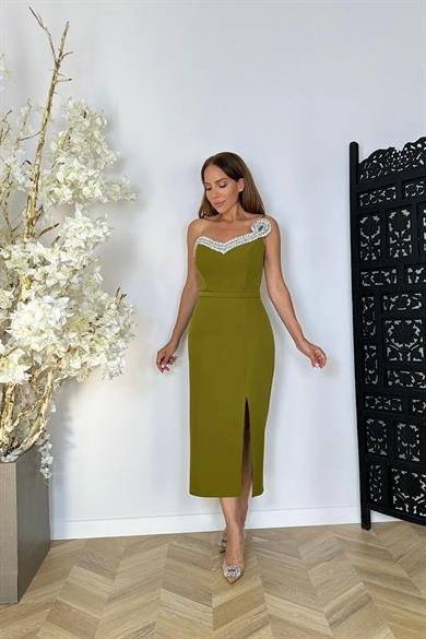 G1459 Taş Detaylı Tasarım Abiye Elbiye Haki