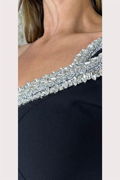 G1459 Taş Detaylı Tasarım Abiye Elbiye Siyah