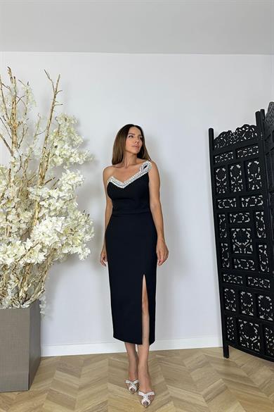 G1459 Taş Detaylı Tasarım Abiye Elbiye Siyah