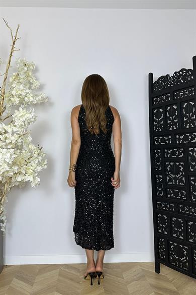 G1462 Halter Yaka Payet Abiye Elbise Siyah