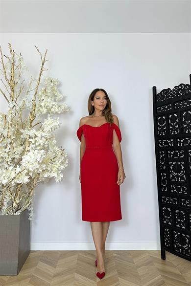 G1465 Yaka Detaylı Tasarım Abiye Elbise Kırmızı