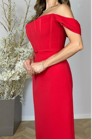 G1465 Yaka Detaylı Tasarım Abiye Elbise Kırmızı