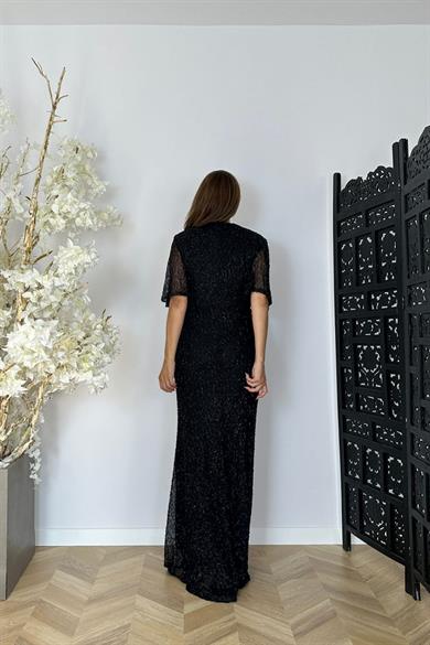 G1471 Düğüm Detaylı Maksi Abiye Elbise Siyah