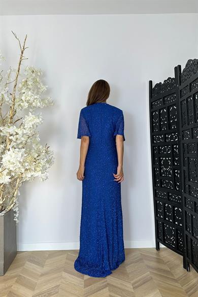 G1471 Düğüm Detaylı Maksi Abiye Elbise Mavi