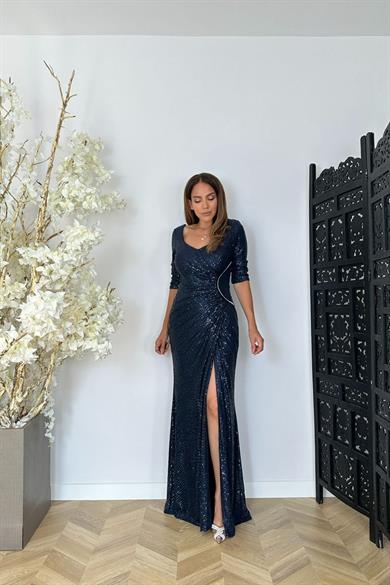 G1472 Taş Detaylı Payet Maksi Abiye Elbise Lacivert