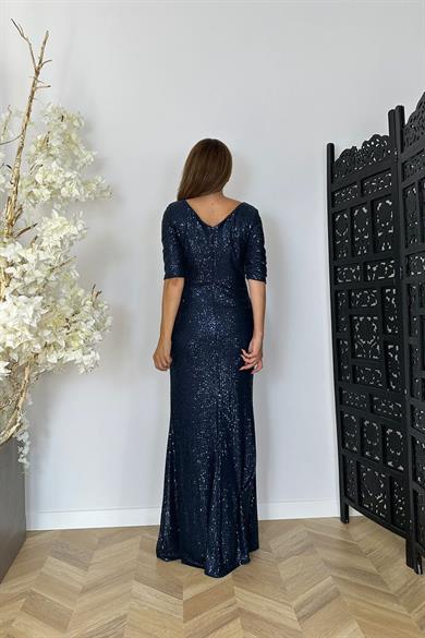 G1472 Taş Detaylı Payet Maksi Abiye Elbise Lacivert