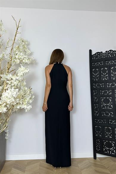G1473 Taş ve Drape Detaylı Halter Yaka Abiye Elbise Siyah