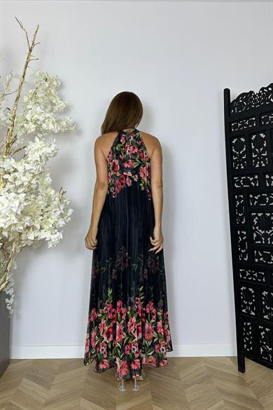 G1475 Halter Yaka Piliseli Şifon Elbise Siyah