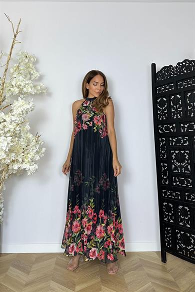 G1475 Halter Yaka Piliseli Şifon Elbise Siyah