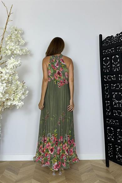 G1475 Halter Yaka Piliseli Şifon Elbise Haki