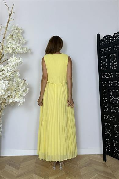 G1476 Piliseli Şifon Elbise Sarı