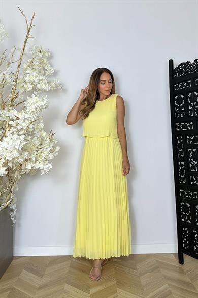 G1476 Piliseli Şifon Elbise Sarı