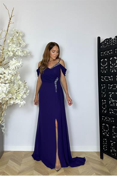 G1477 Taş Detaylı Maksi Şifon Abiye Elbise Mor