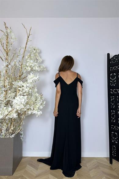 G1477 Taş Detaylı Maksi Şifon Abiye Elbise Siyah