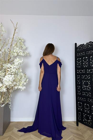 G1477 Taş Detaylı Maksi Şifon Abiye Elbise Mor