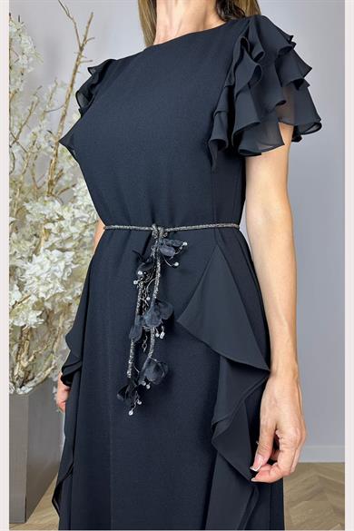G1478 Volan Detaylı Tasarım Elbise Siyah