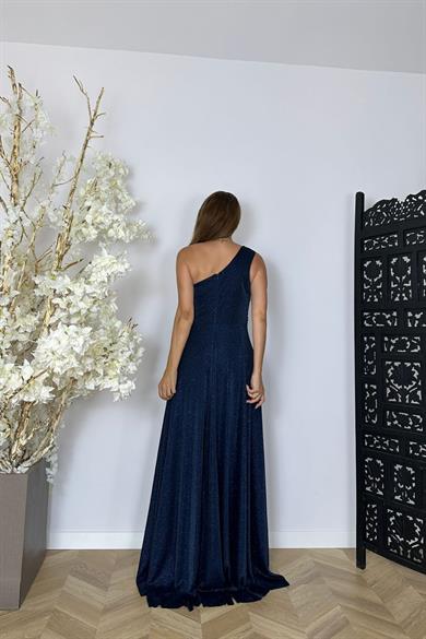 G1479 Tek Omuz Taş Detaylı Simli Abiye Elbise Lacivert