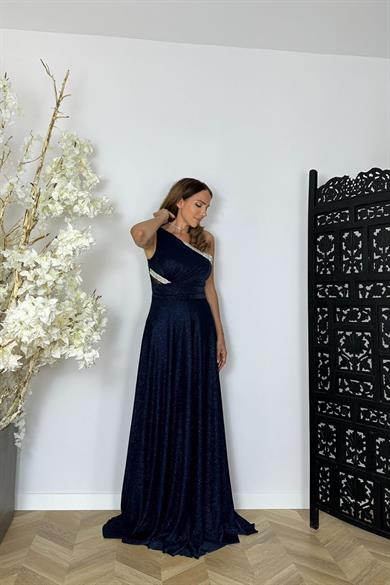 G1479 Tek Omuz Taş Detaylı Simli Abiye Elbise Lacivert