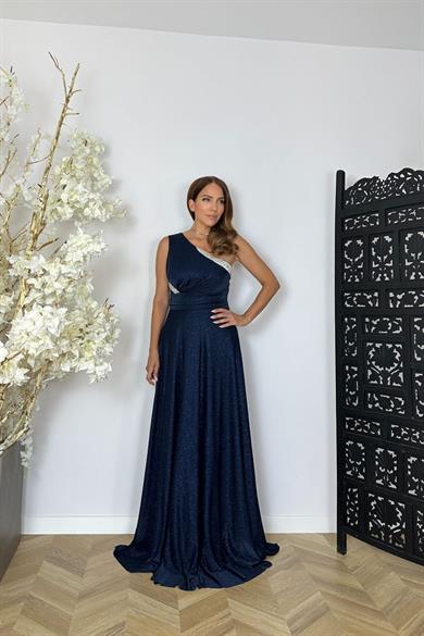 G1479 Tek Omuz Taş Detaylı Simli Abiye Elbise Lacivert