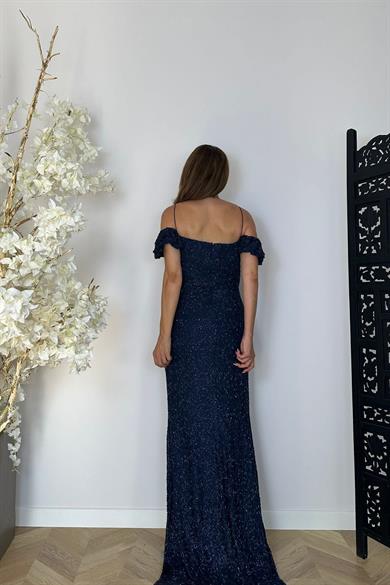 G1480 Drape Detaylı Maksi Abiye Elbise Lacivert