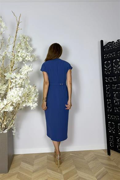G1481 Drape ve Kemer Detaylı Elbise İndigo
