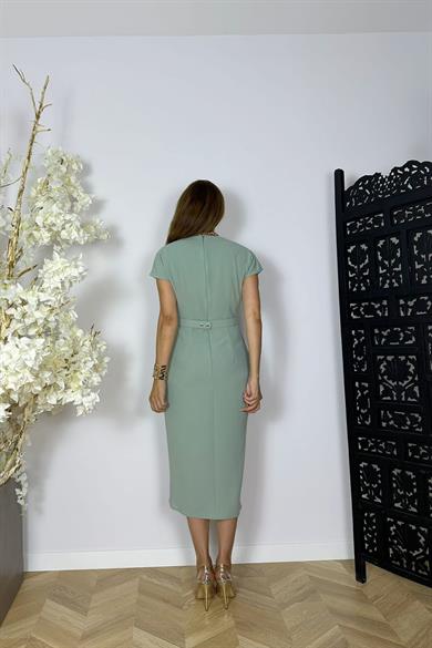 G1481 Drape ve Kemer Detaylı Elbise Mint