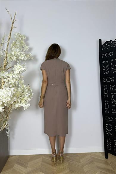 G1481 Drape ve Kemer Detaylı Elbise Vizon