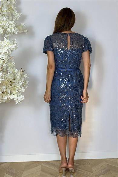 G1483 Payet ve İnci İşlemeli Tasarım Abiye Elbise İndigo