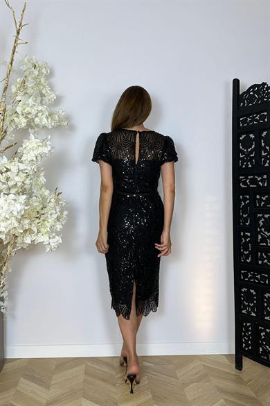 G1483 Payet ve İnci İşlemeli Tasarım Abiye Elbise Siyah