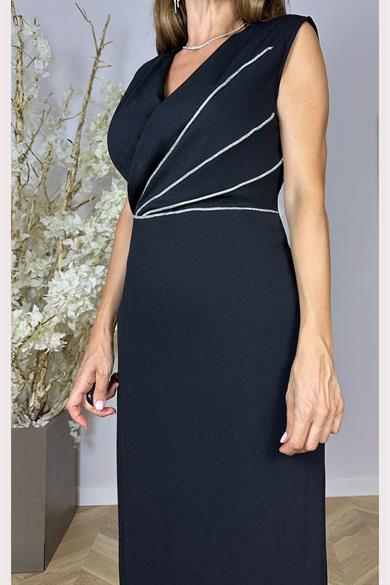 G1484 Taş Detaylı Kolsuz Abiye Elbise Siyah