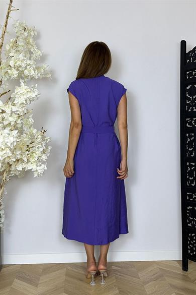 G1487 Kuşaklı Gömlek Elbise Mor