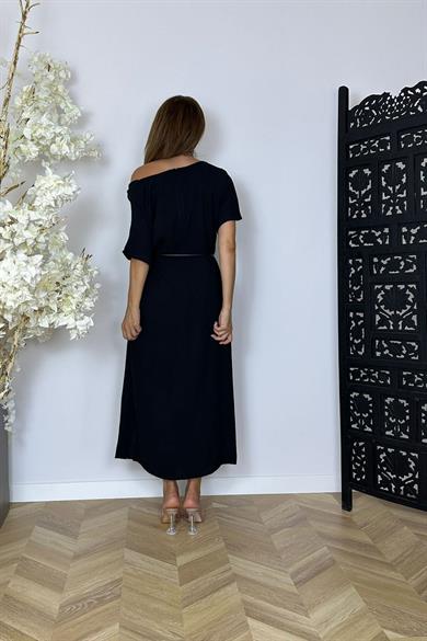 G1488 Yaka Detaylı Kuşaklı Elbise Siyah