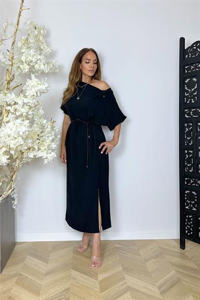 G1488 Yaka Detaylı Kuşaklı Elbise Siyah