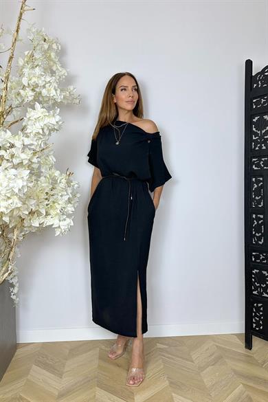 G1488 Yaka Detaylı Kuşaklı Elbise Siyah