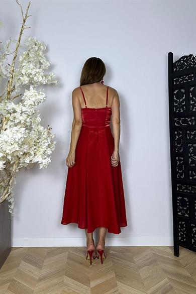 G1489 Askılı Midi Boy Abiye Elbise Kırmızı
