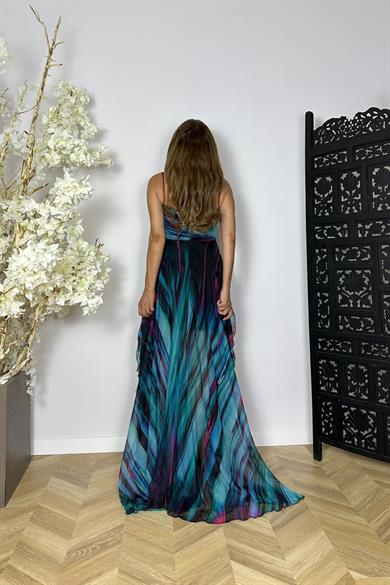 G1490 Eteği Asimetrik Şifon Abiye Elbise Yeşil