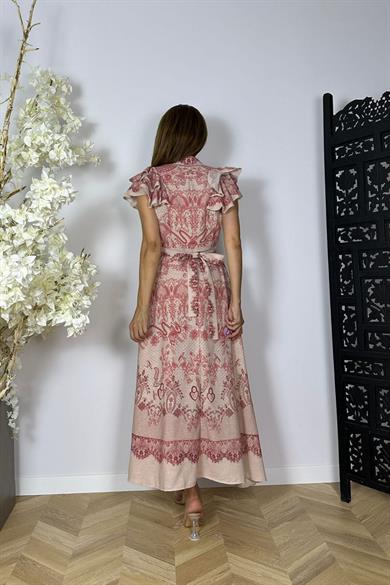 G1491 Kol Detaylı Kuşaklı Keten Elbise Desenli