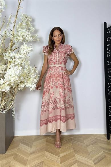 G1491 Kol Detaylı Kuşaklı Keten Elbise Desenli