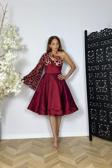 G1492 Tek Omuz Tasarım Elbise Bordo