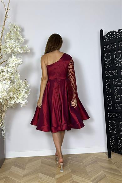 G1492 Tek Omuz Tasarım Elbise Bordo