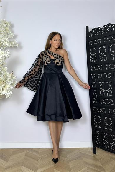 G1492 Tek Omuz Tasarım Elbise Siyah